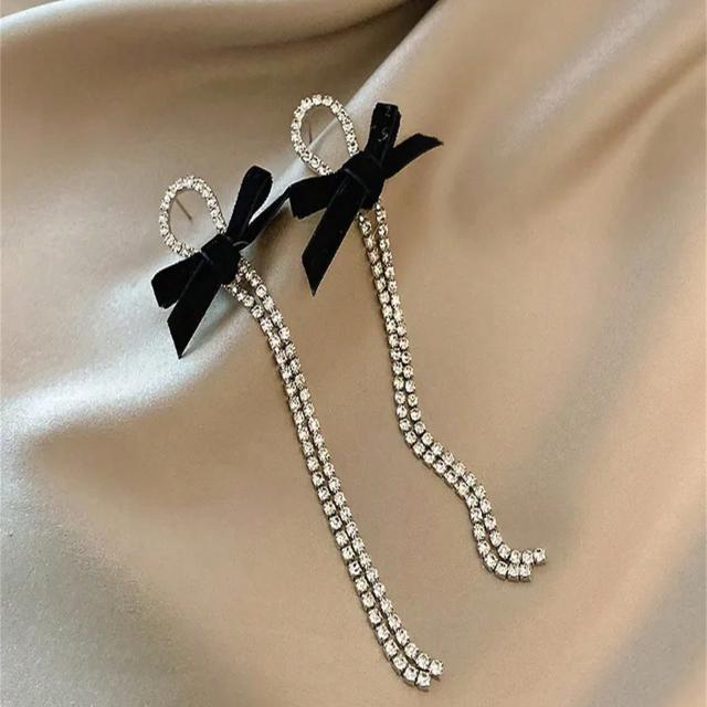 2024 New Elegant Velvet Bow Knot & Tassel Dangle Earrings, Fashionable Women Long Drop Earrings
